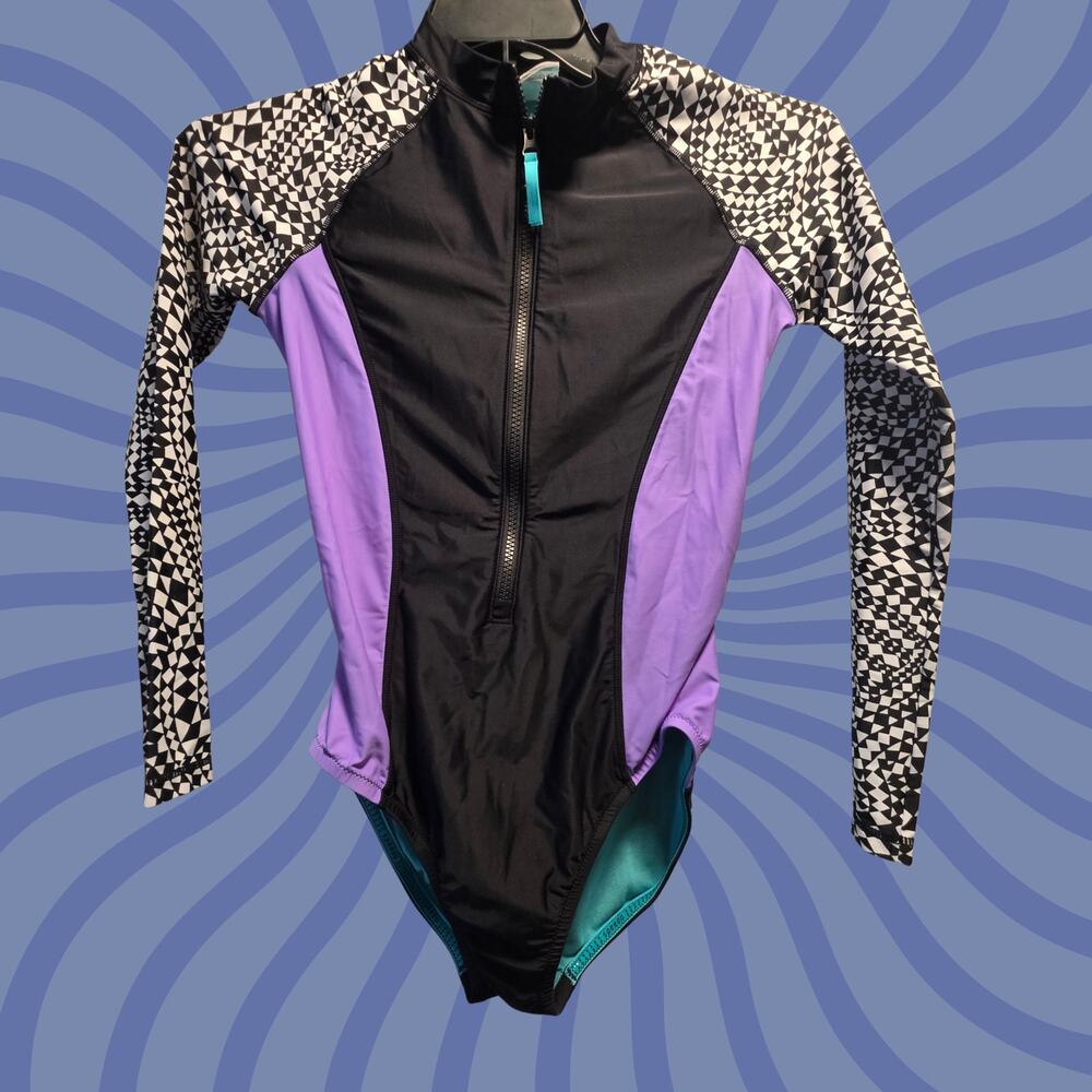 Speedo Long Sleeve Zip-Up Geometric Swimsuit - Size S
